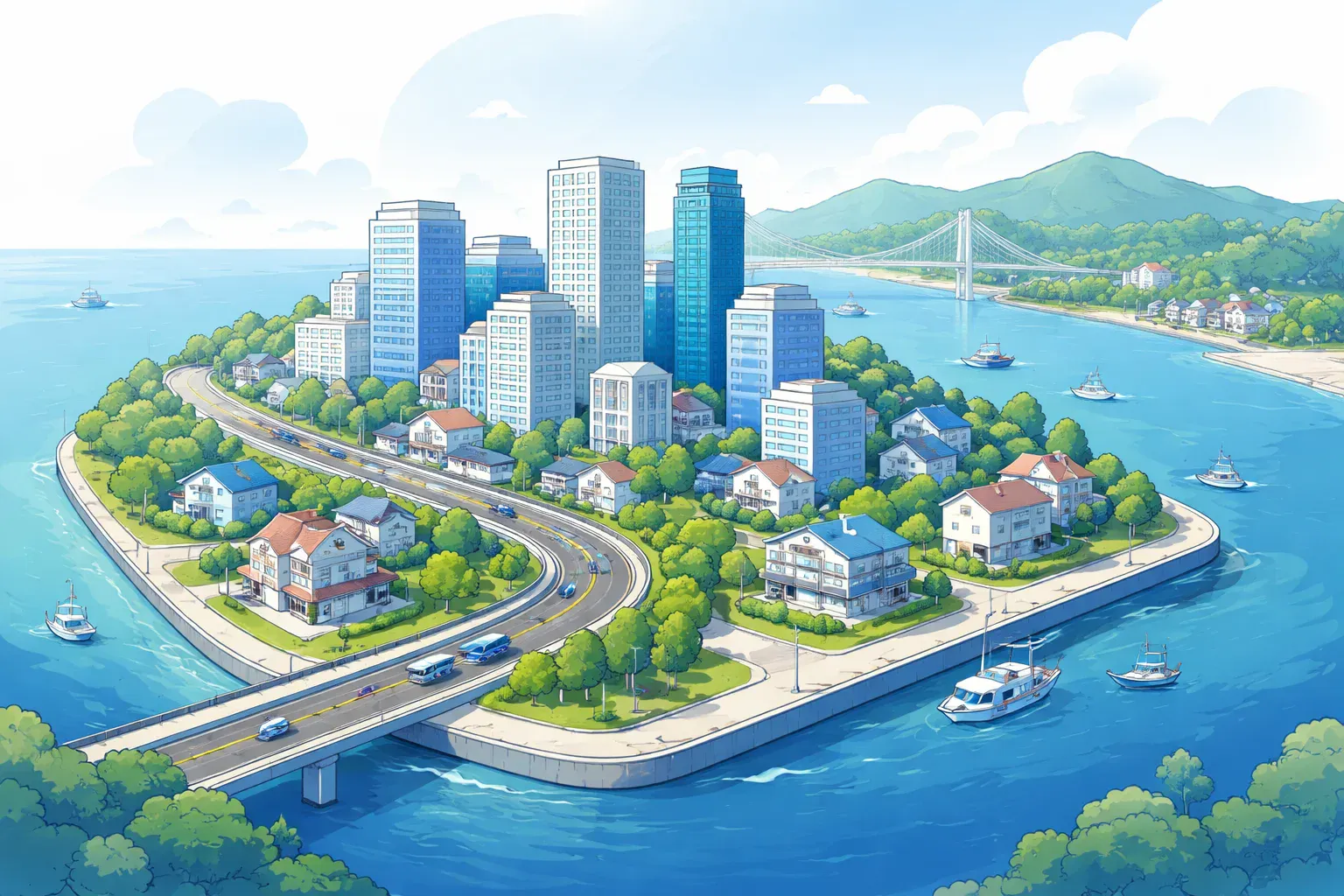 海に囲まれた街の風景